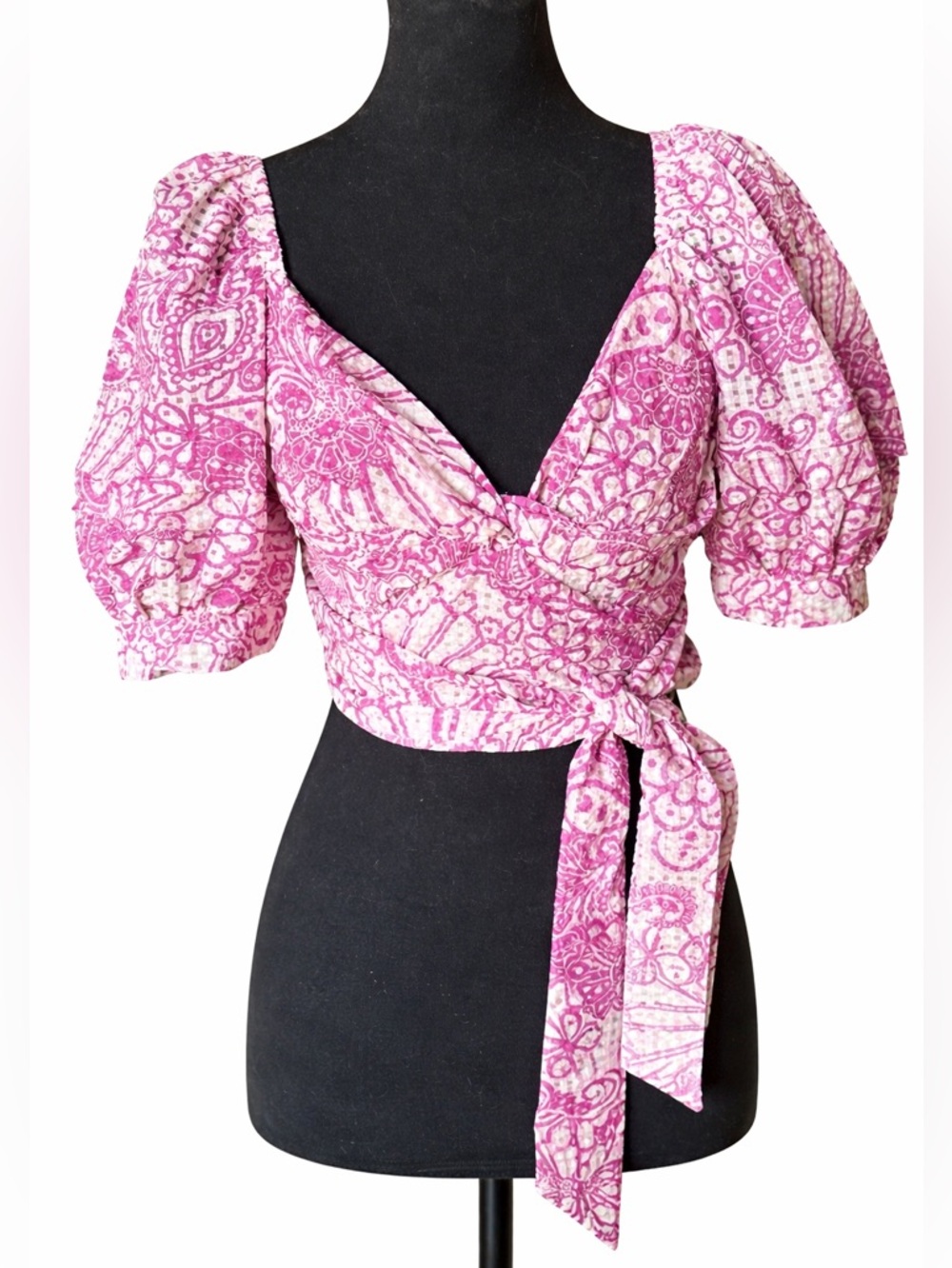 Maeve Anthropologie Pink Floral Tie Back Crop Top Puff Sleeve Small NWT